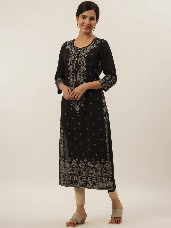 Black Geometric Print Kurta-Yufta Store-5810KURBKS