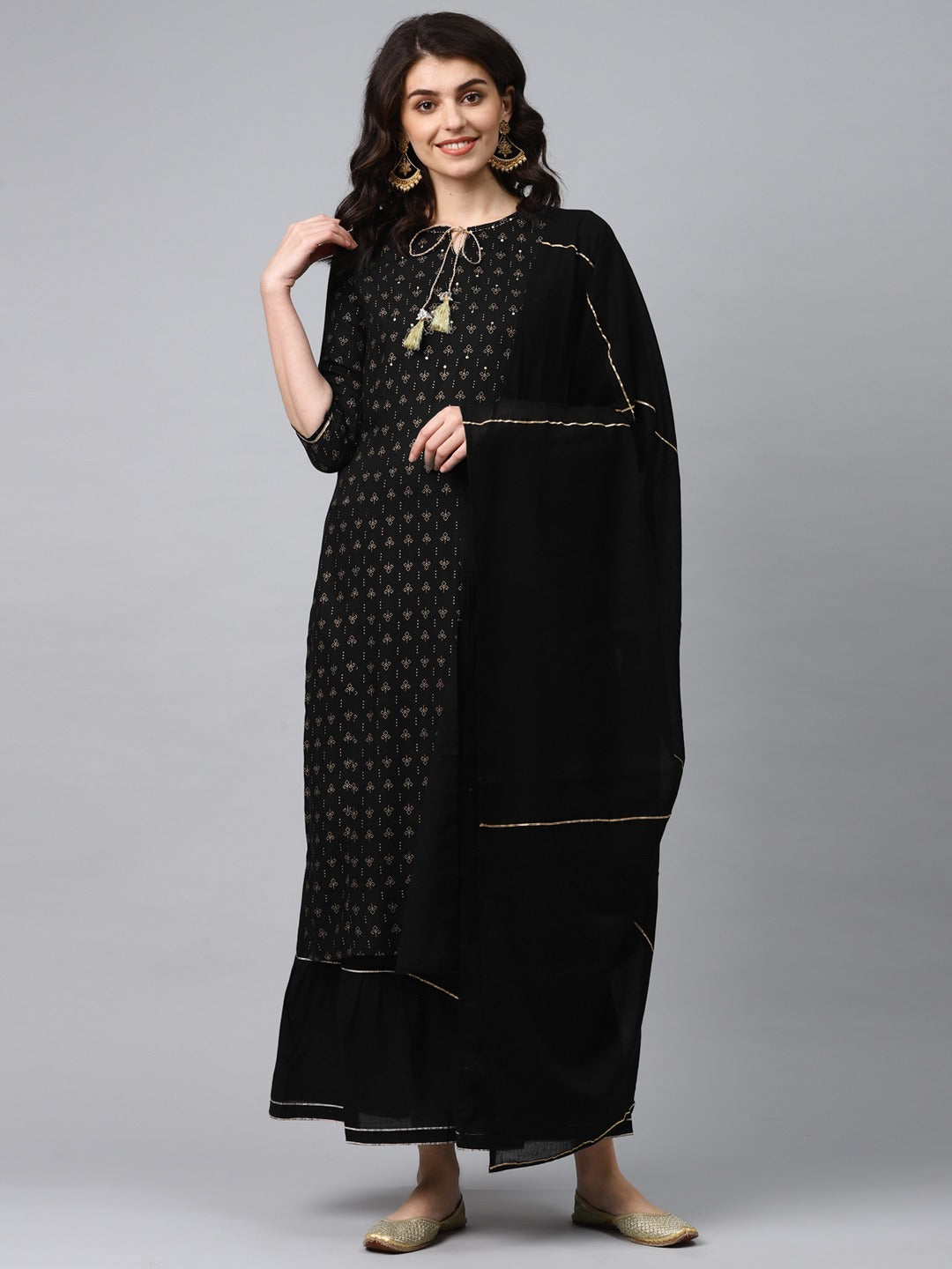 Black & Gold Printed Dupatta Set-Yufta Store-7557SETBKS