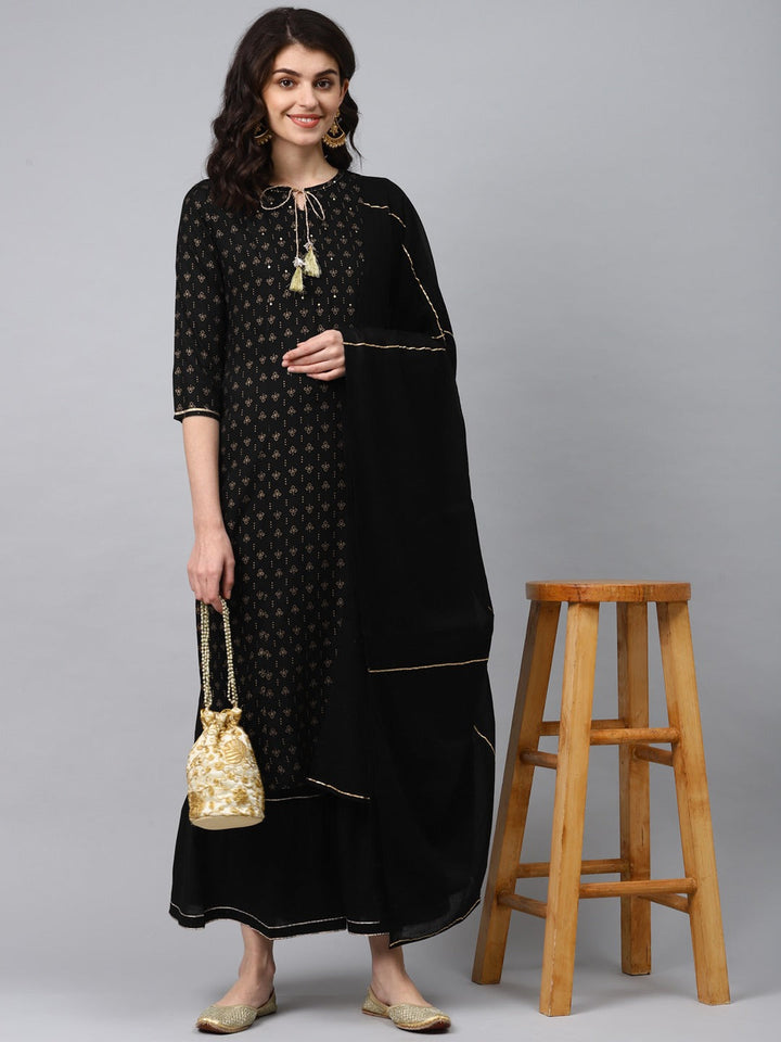 Black & Gold Printed Dupatta Set-Yufta Store-7557SETBKS