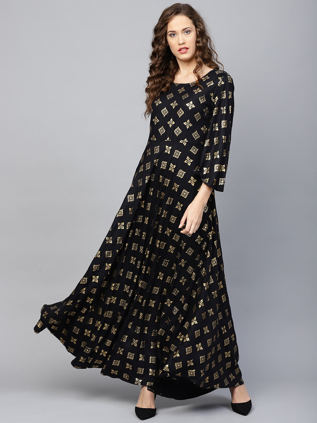 Black & Golden Printed Kurta-Yufta Store-YUFDGSET1786S