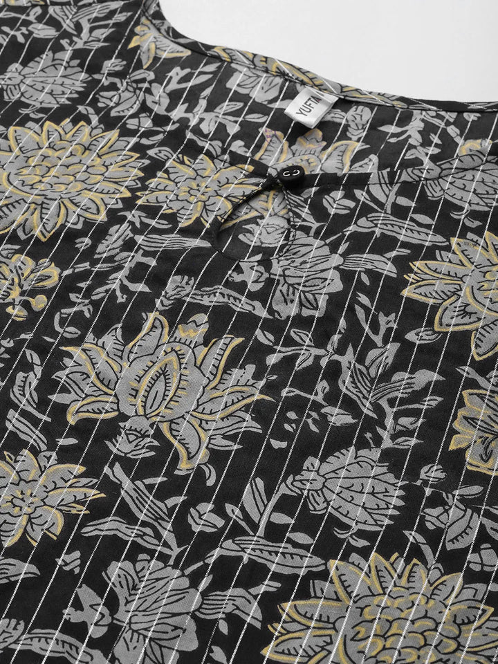 Black & Grey Floral Printed Dupatta Set-Yufta Store-9463SKDBKS
