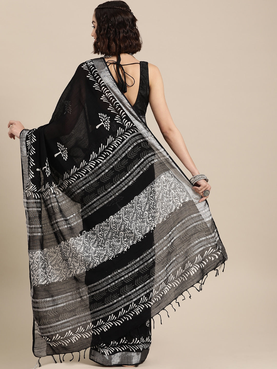 Black Handwoven Ethnic Motifs Zari Saree-Yufta Store-6029SARBK