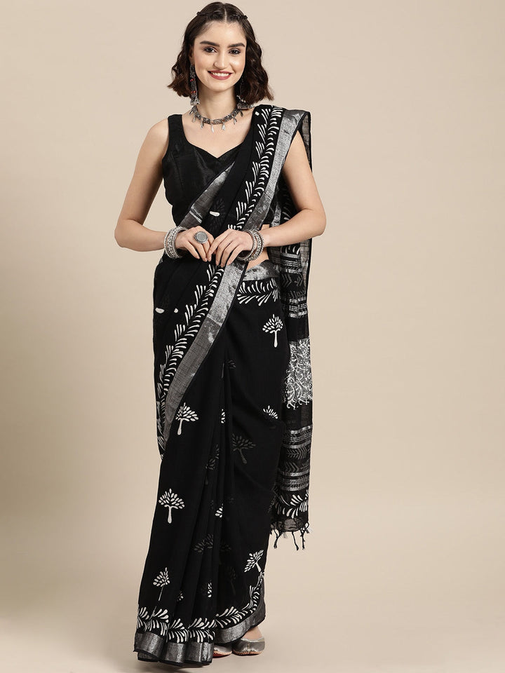 Black Handwoven Ethnic Motifs Zari Saree-Yufta Store-6029SARBK