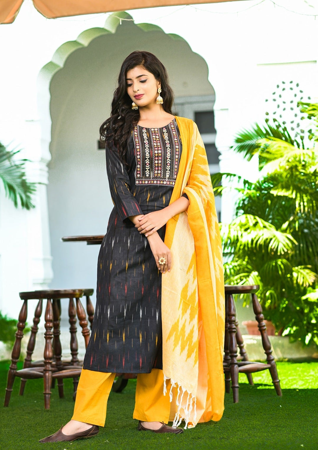 Black Ikat Dupatta Set-Yufta Store-9026SKDBKS