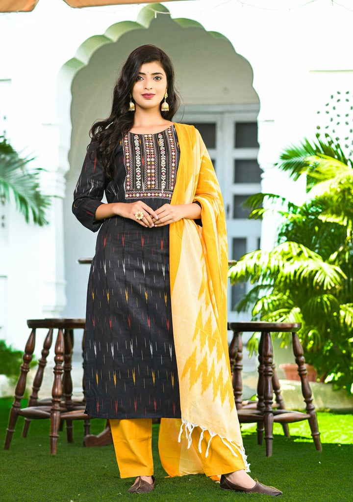 Black Ikat Dupatta Set-Yufta Store-9026SKDBKS