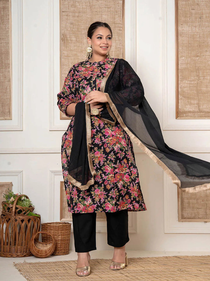 Black Kantha_Work Cotton Plus Size Kurta And Pant With Dupatta Set-Yufta Store-6819PSKDBK3XL