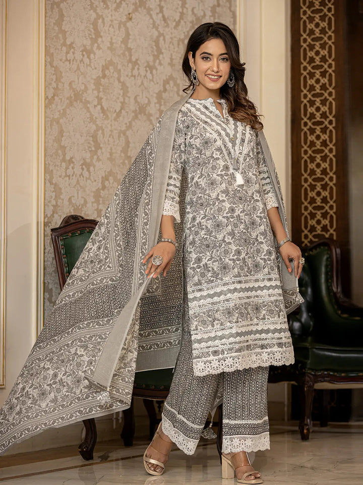 Black Lacework Pakistani Style Kurta Trouser And Dupatta Set-Yufta Store-6887SKDBKM