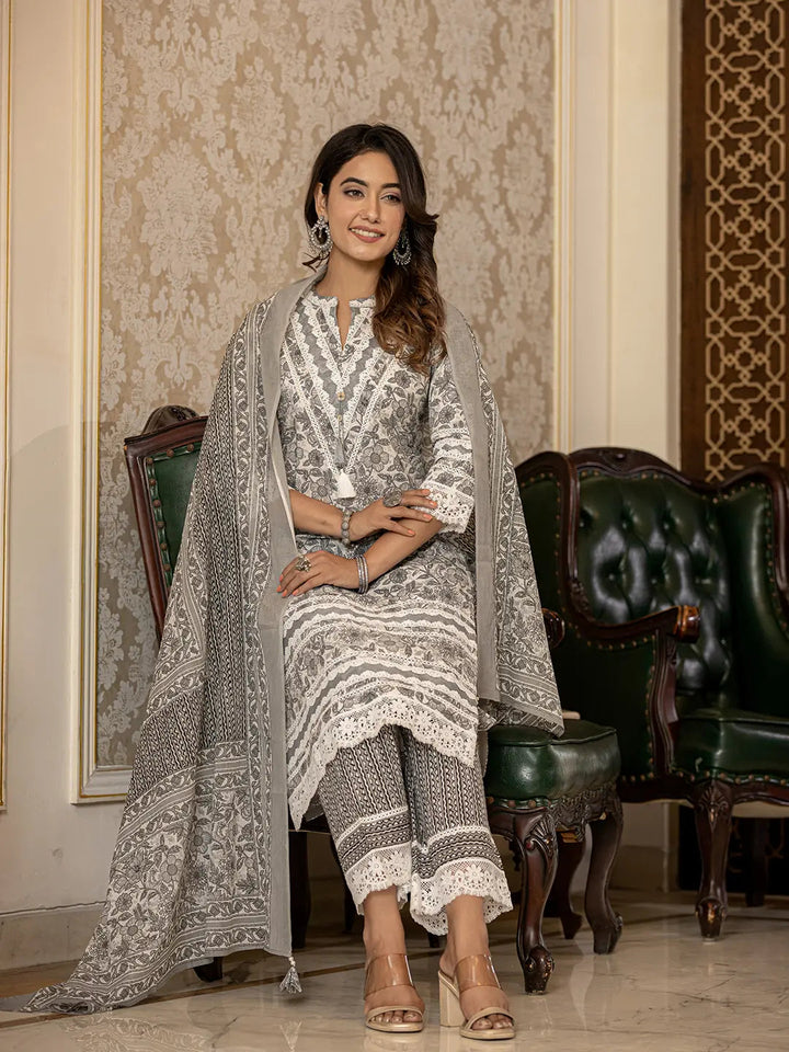 Black Lacework Pakistani Style Kurta Trouser And Dupatta Set-Yufta Store-6887SKDBKM