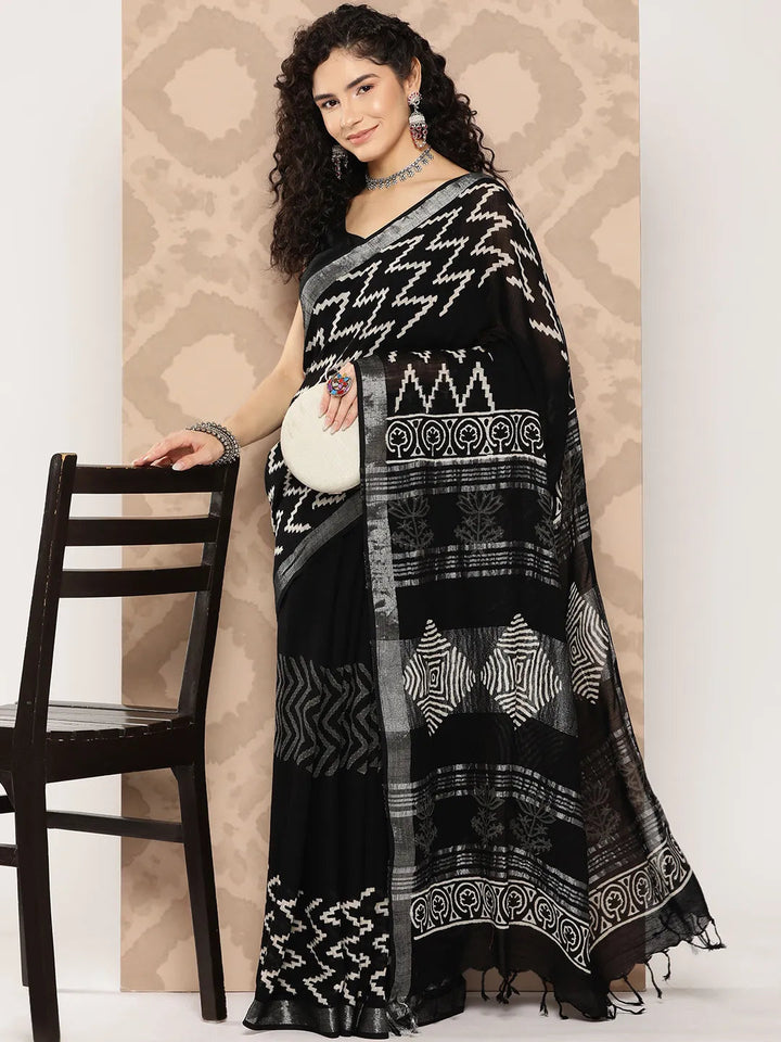 Black Linen Blend Saree-Yufta Store-6031SARBK