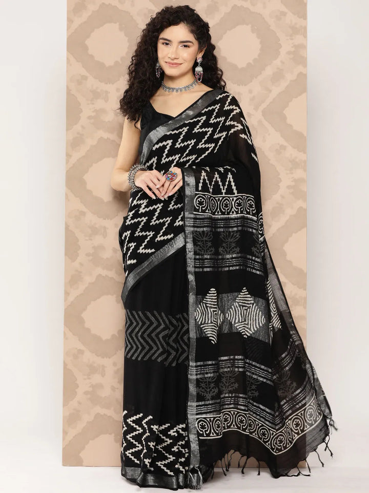 Black Linen Blend Saree-Yufta Store-6031SARBK