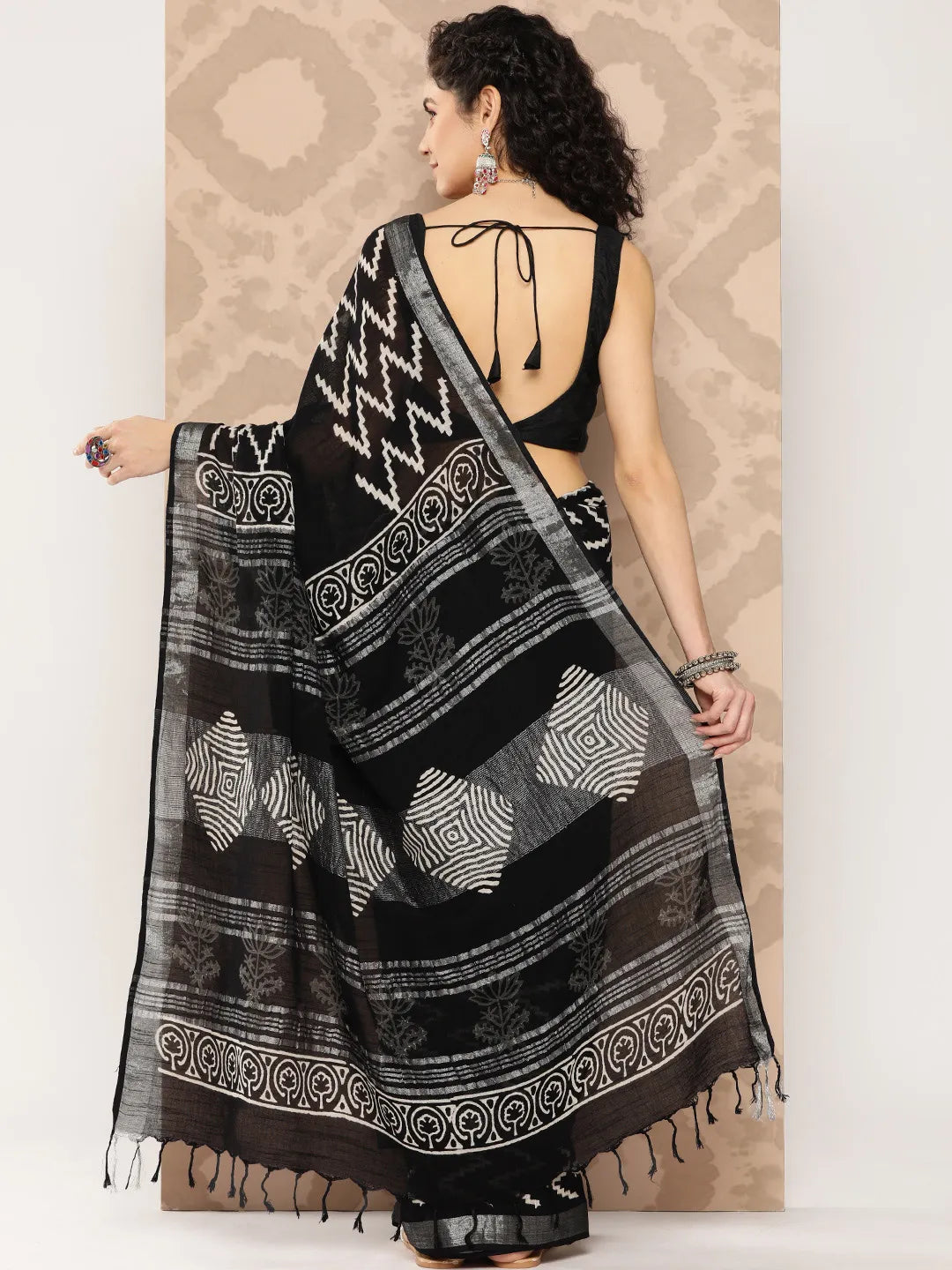 Black Linen Blend Saree-Yufta Store-6031SARBK