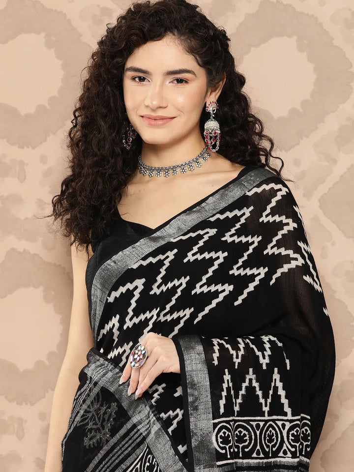 Black Linen Blend Saree-Yufta Store-6031SARBK