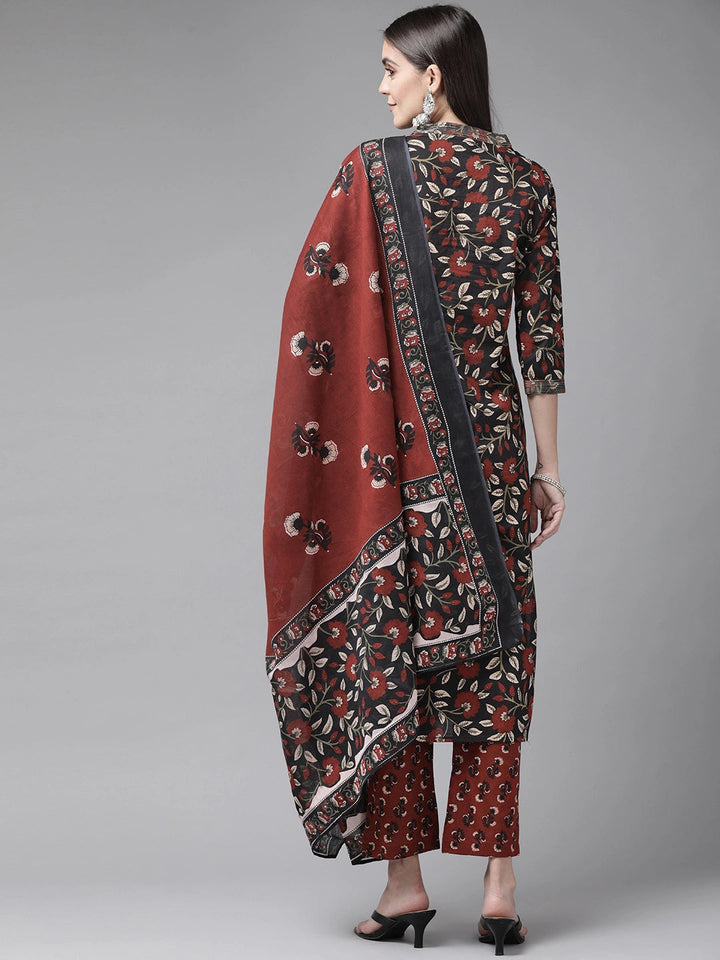 Black & Maroon Floral Printed Dupatta Set-Yufta Store-9459SKDBKS