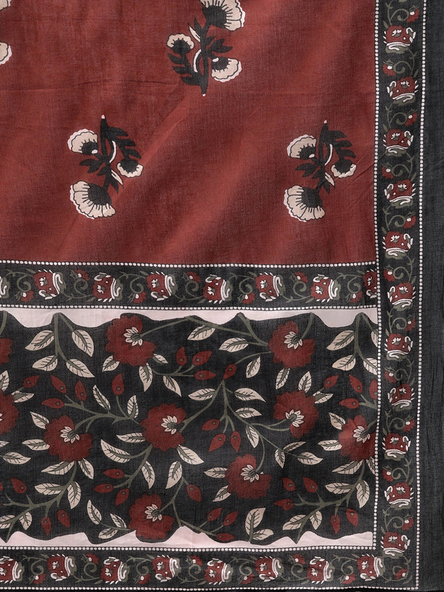 Black & Maroon Floral Printed Dupatta Set-Yufta Store-9459SKDBKS