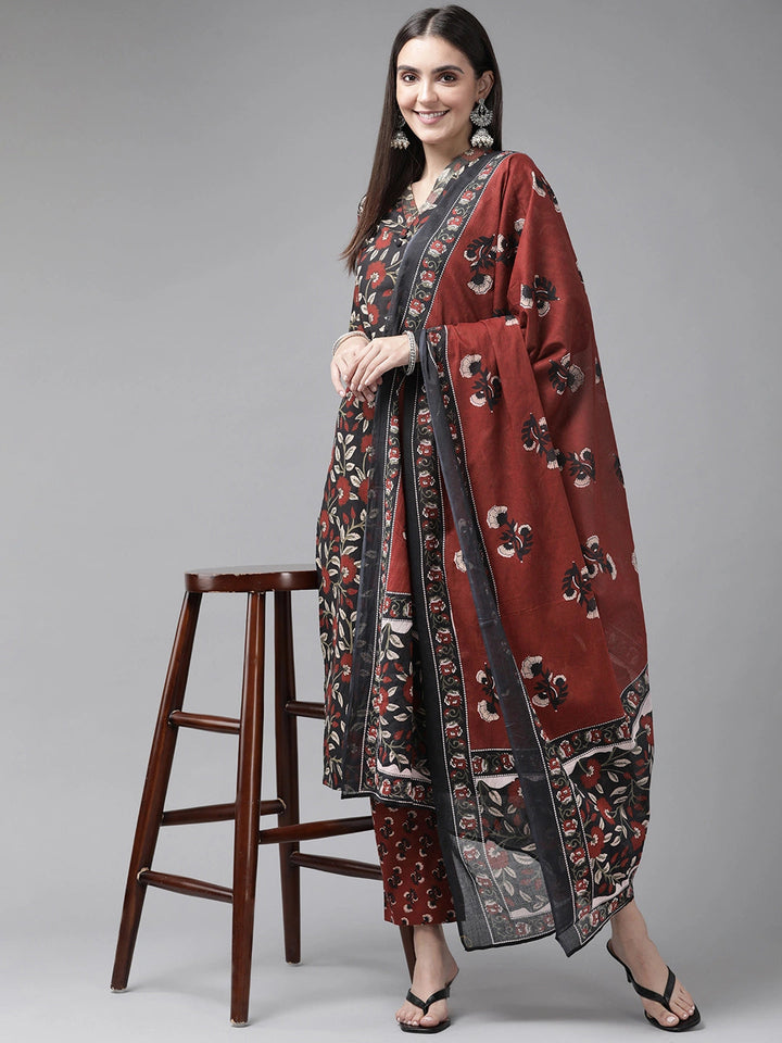 Black & Maroon Floral Printed Dupatta Set-Yufta Store-9459SKDBKS