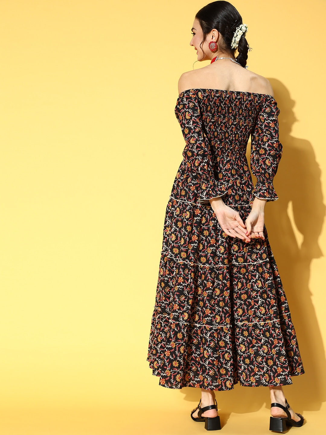 Black & Mustard Ethnic Printed Dress-Yufta Store-9524DRSBKS