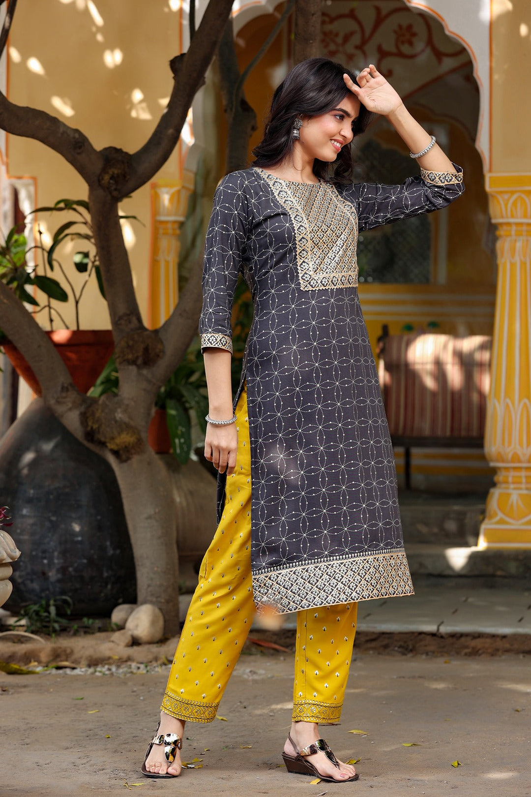 Black & Mustard Kurta Set-Yufta Store-4606SETBKS