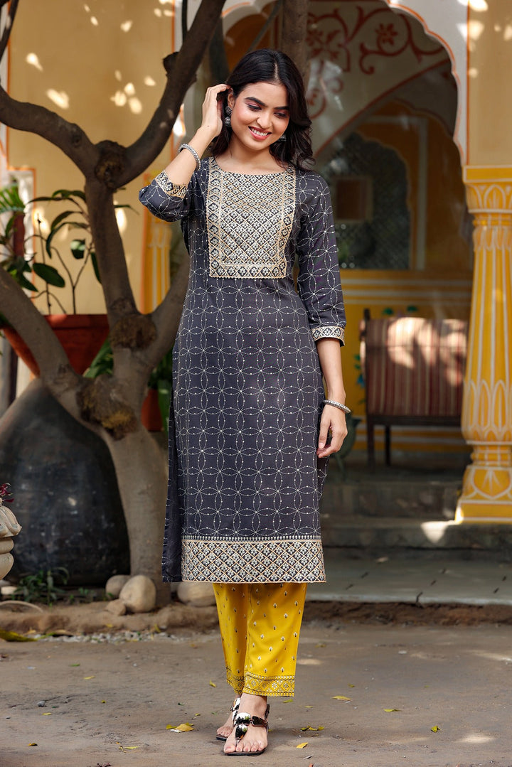 Black & Mustard Kurta Set-Yufta Store-4606SETBKS