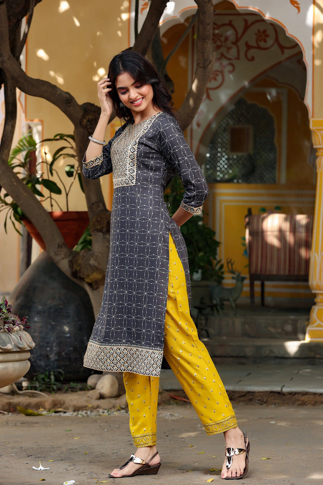 Black & Mustard Kurta Set-Yufta Store-4606SETBKS