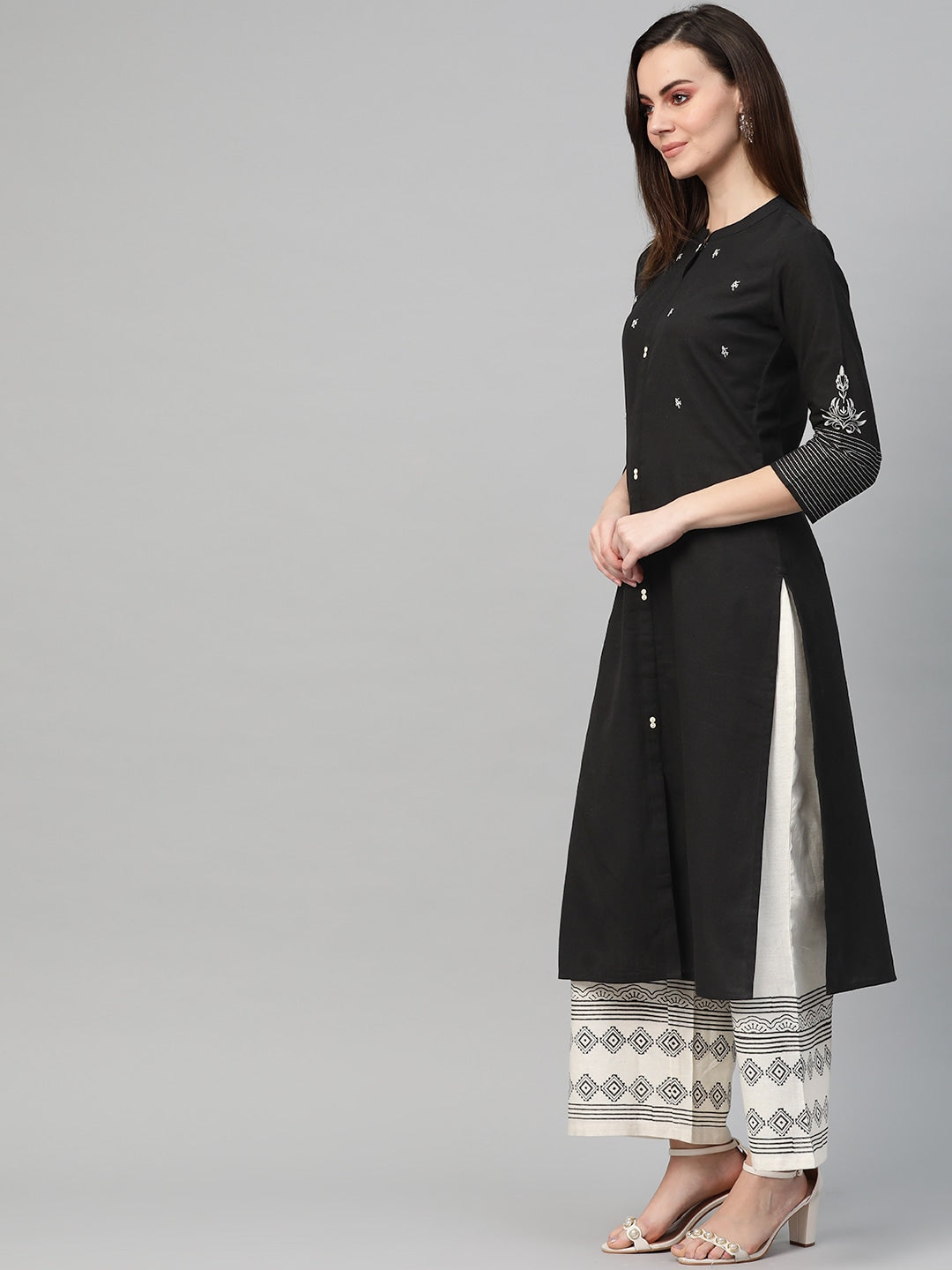 Black & Off-White Embroidered Kurta Set-Yufta Store-7319SETBKS