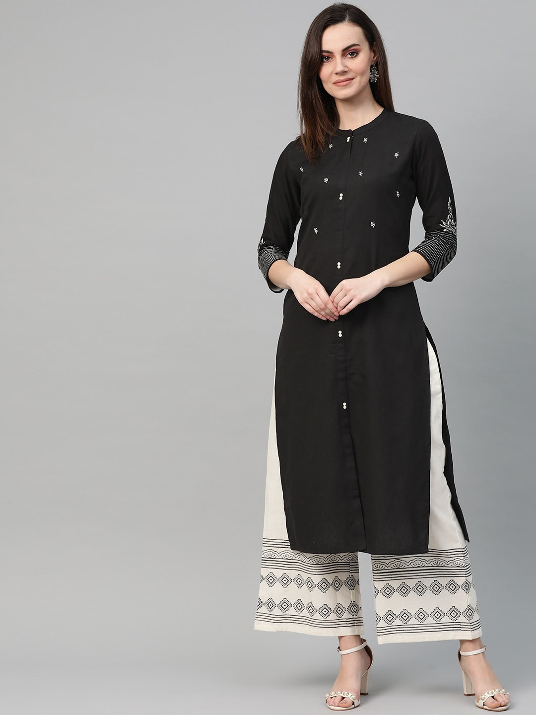 Black & Off-White Embroidered Kurta Set-Yufta Store-7319SETBKS