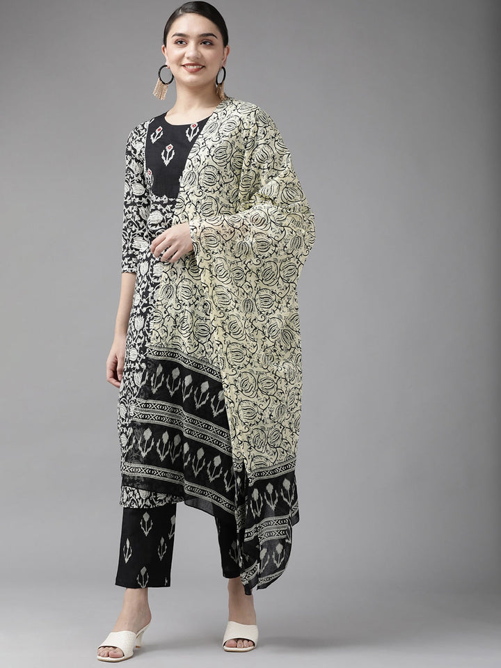 Black & Off-White Printed Dupatta Set-Yufta Store-9450SKDBKS