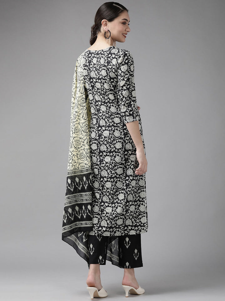 Black & Off-White Printed Dupatta Set-Yufta Store-9450SKDBKS