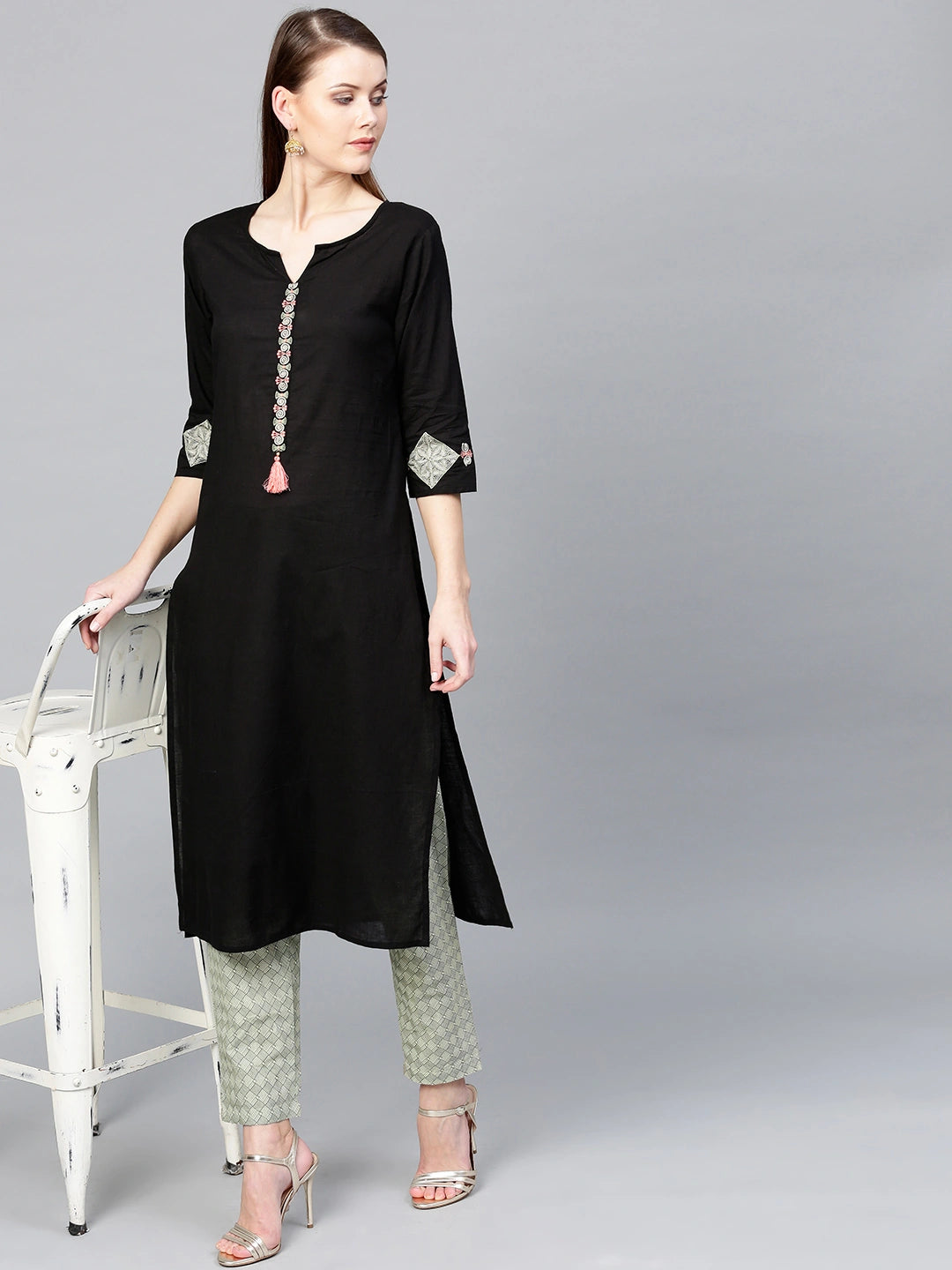 Black & Off-White Solid Kurta Set-Yufta Store-YUFDGSET2099S