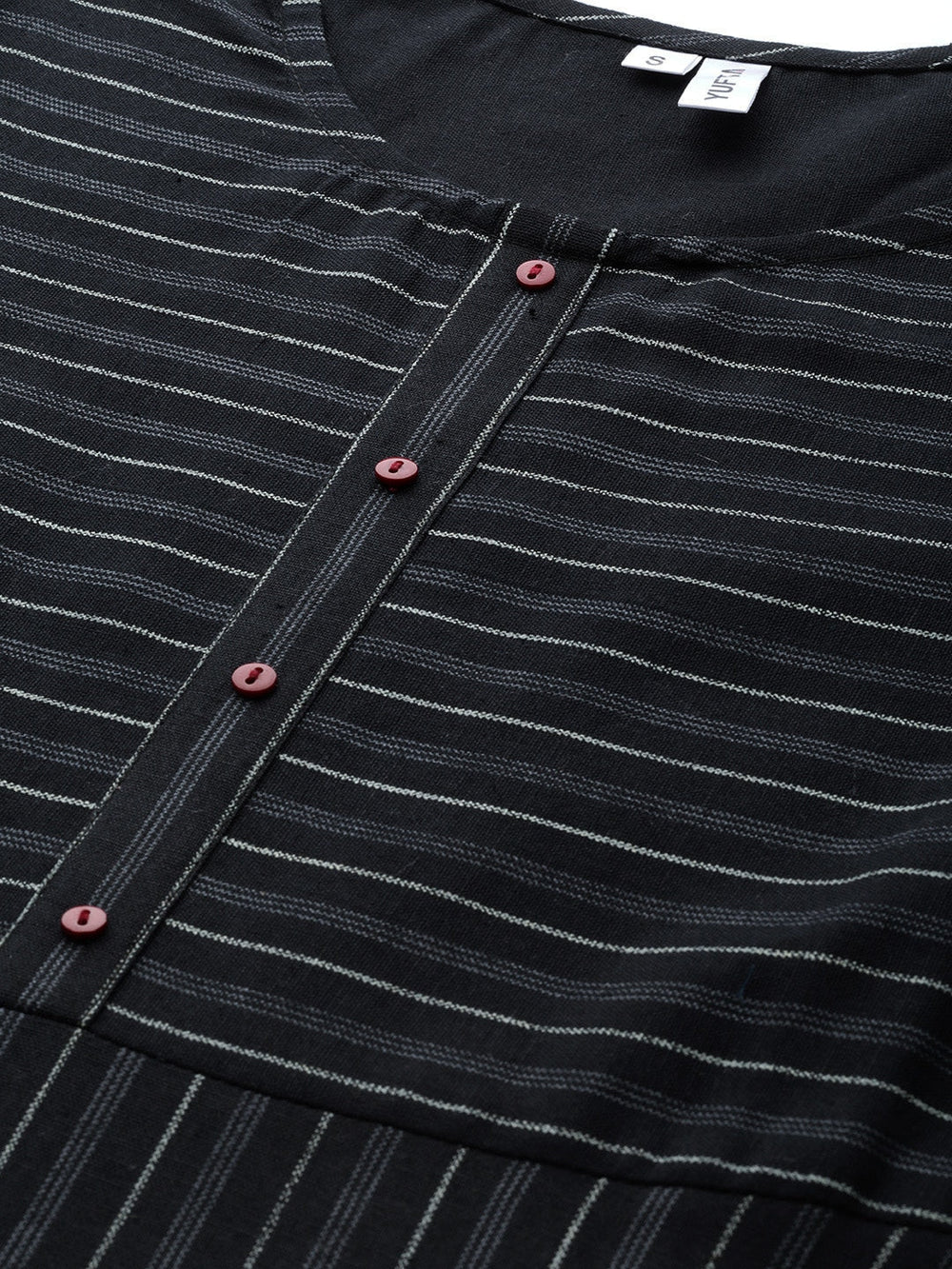 Black & Off White Striped Woven A-Line Dress-Yufta Store-7338KURBKSS