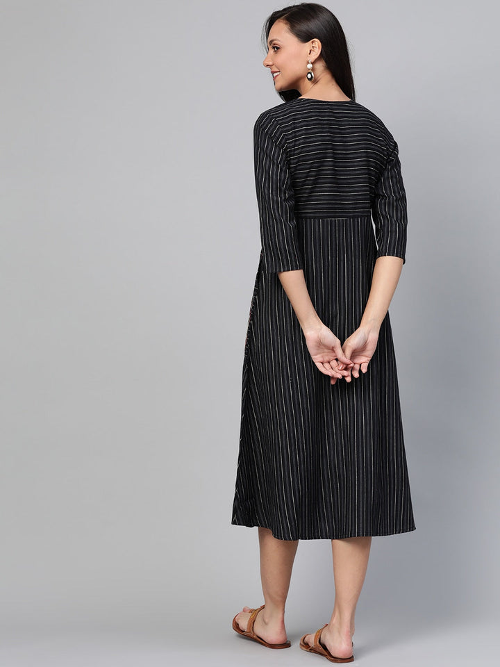 Black & Off White Striped Woven A-Line Dress-Yufta Store-7338KURBKSS