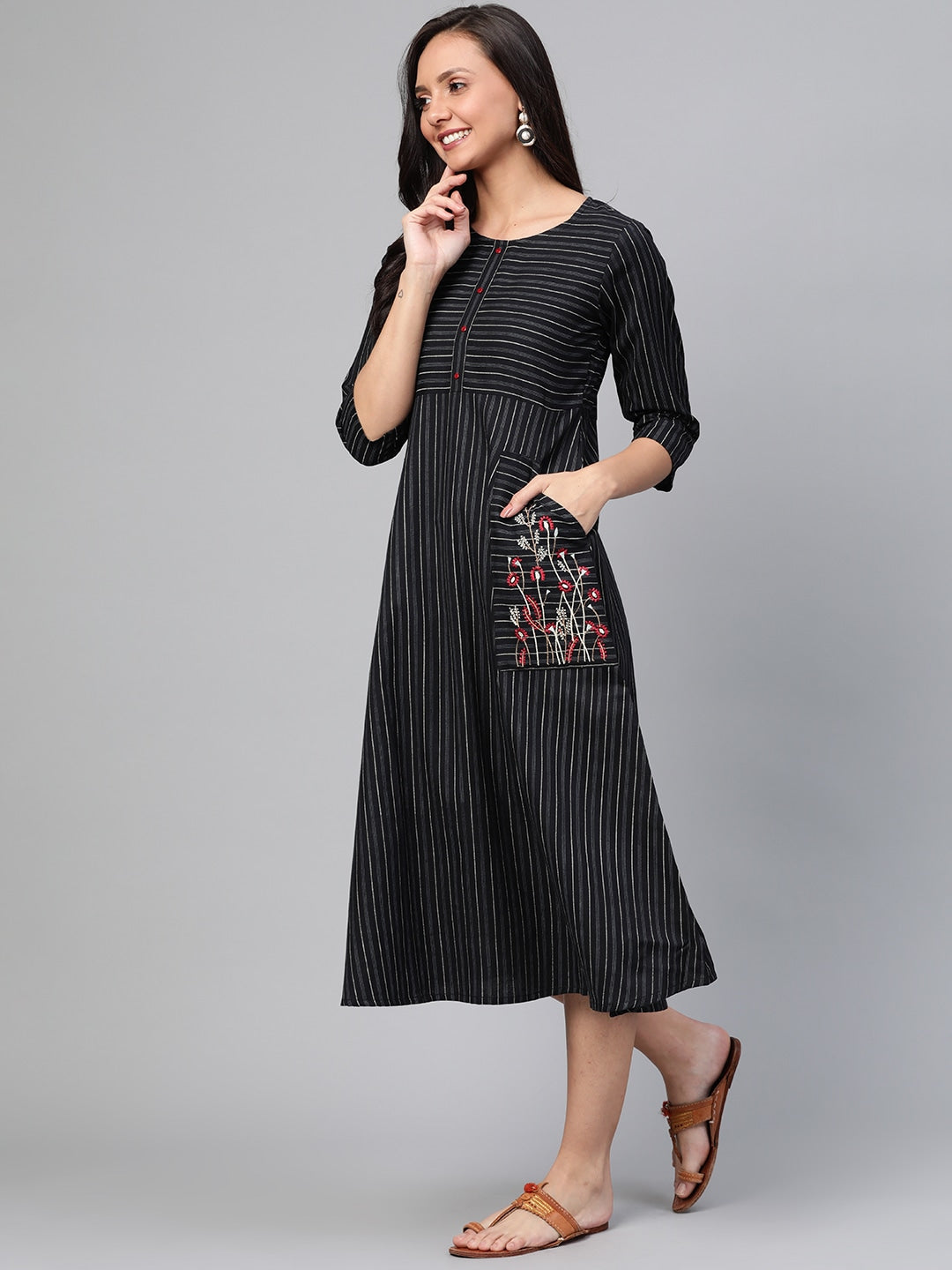 Black & Off White Striped Woven A-Line Dress-Yufta Store-7338KURBKSS