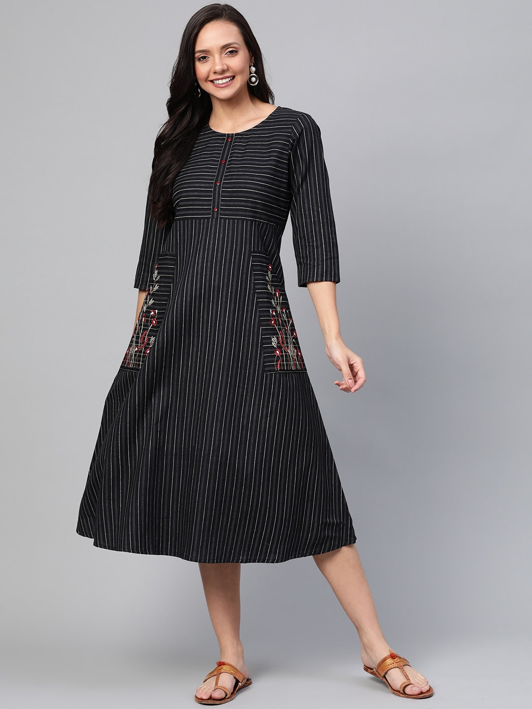 Black & Off White Striped Woven A-Line Dress-Yufta Store-7338KURBKSS