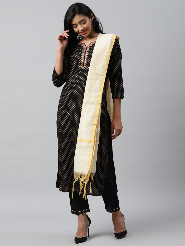 Black & Offwhite Printed Dupatta Set-Yufta Store-7595SETBLKS