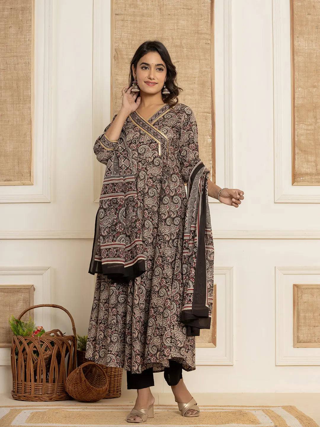 Black Paisley Print Anarkali Style Kurta And Trousers With Dupatta Set-Yufta Store-6954SKDBKS