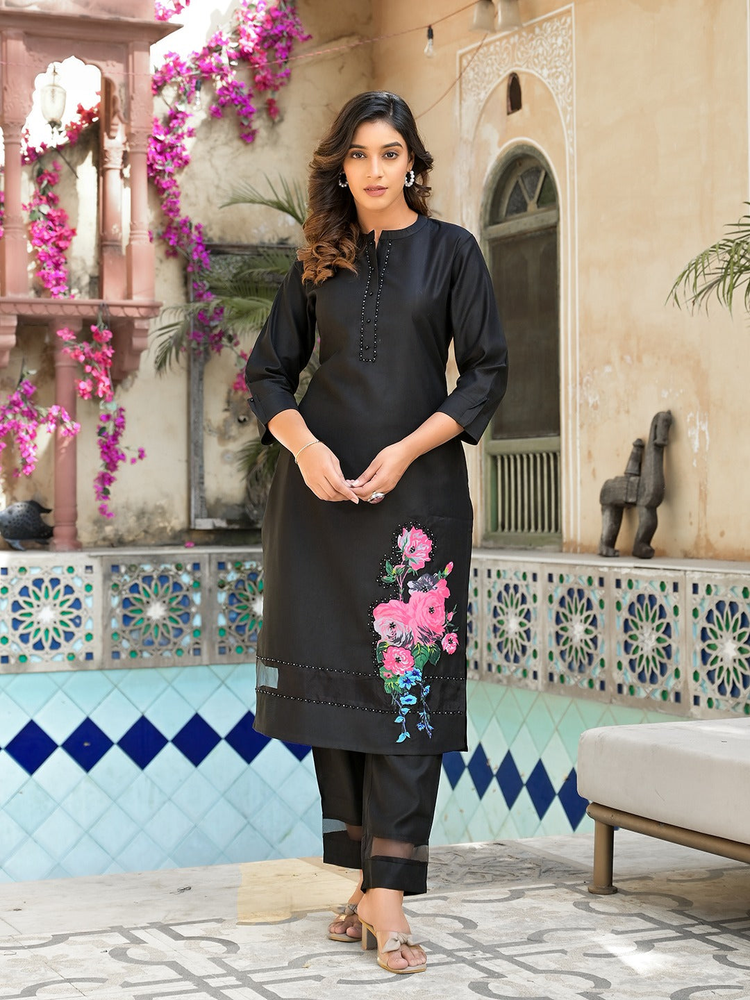 Black Patch_Work Kurta Trouser Set-Yufta Store-1647SETBKM