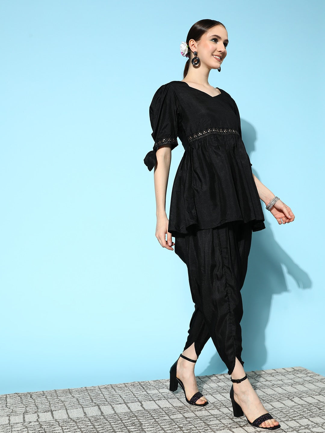 Black Peplum Top With Dhoti Pants-Yufta Store-8173CRDBKXS