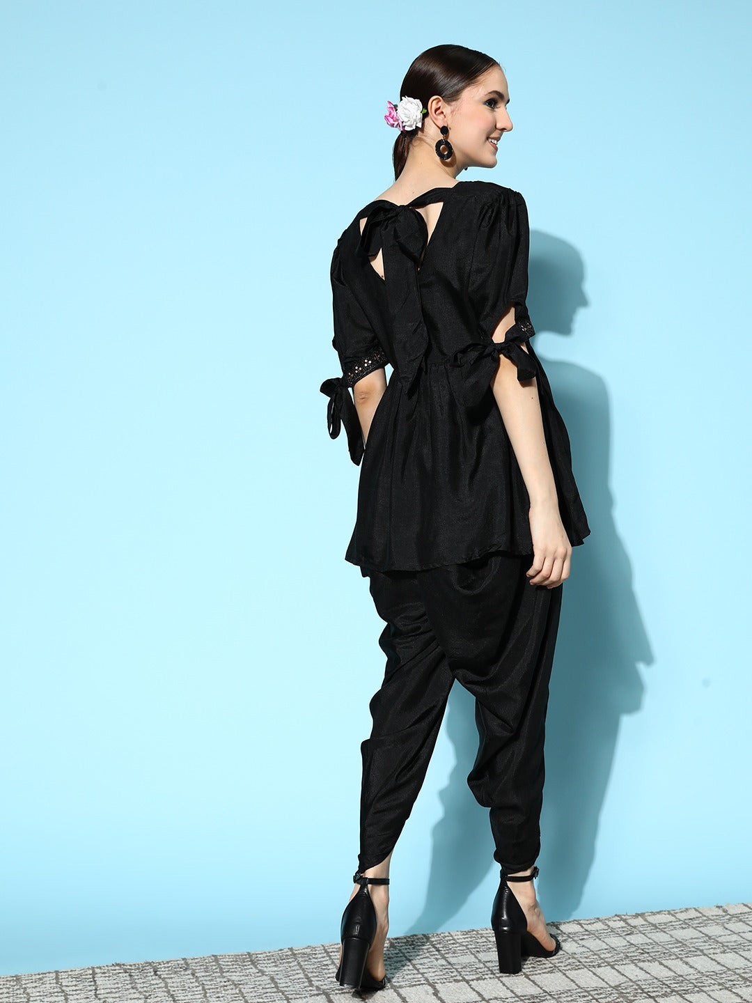 Black Peplum Top With Dhoti Pants-Yufta Store-8173CRDBKXS