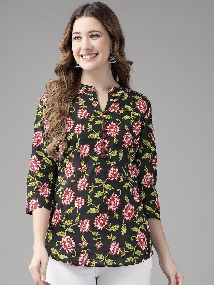 Black & Pink Floral Printed Top-Yufta Store-9649TOPBKXS