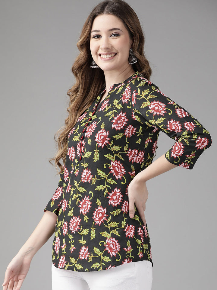 Black & Pink Floral Printed Top-Yufta Store-9649TOPBKXS