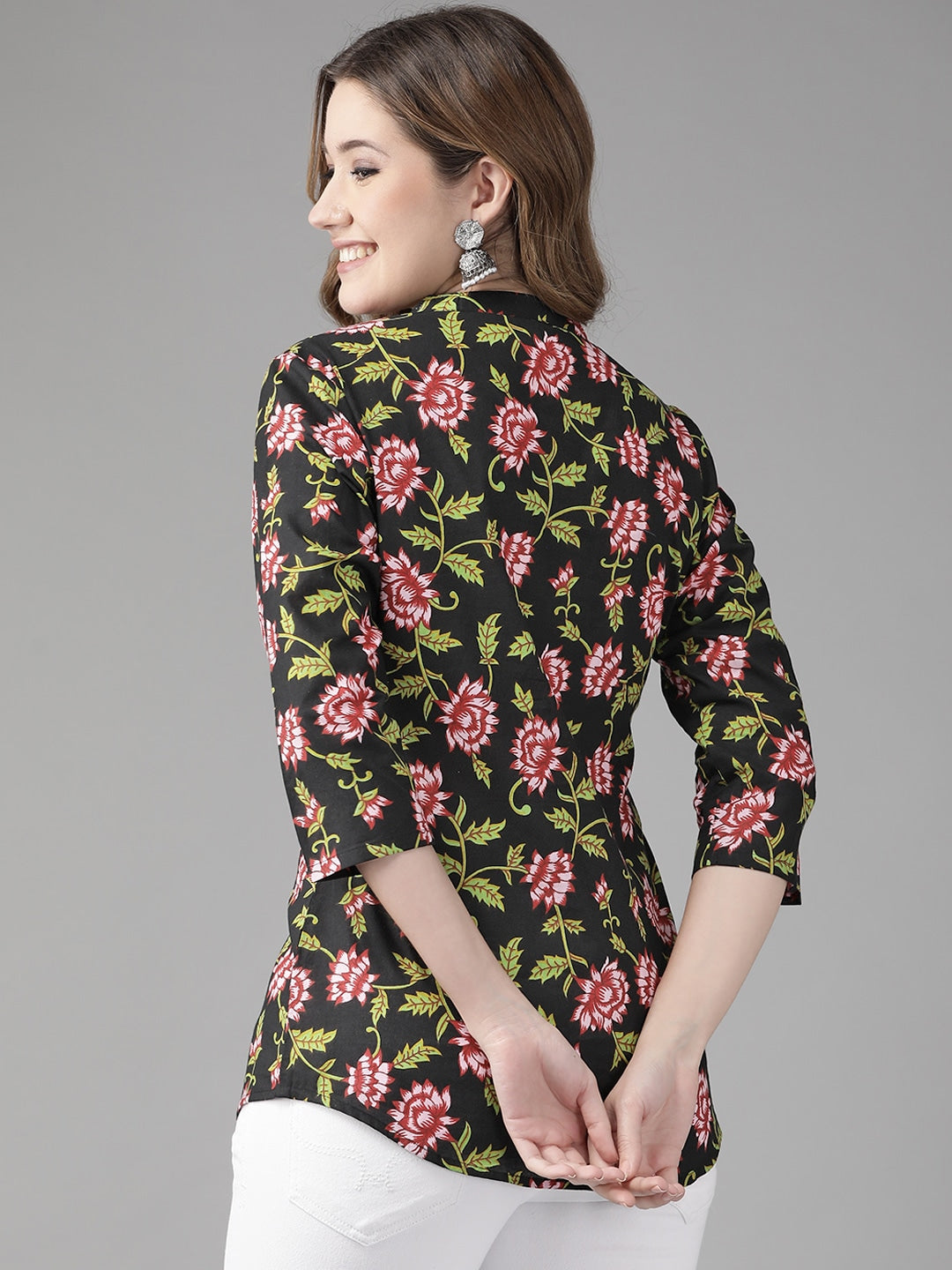 Black & Pink Floral Printed Top-Yufta Store-9649TOPBKXS