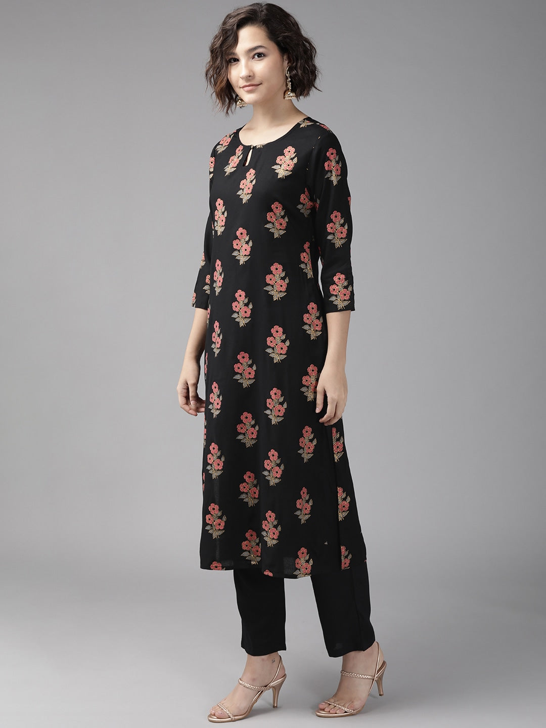 Black & Pink Printed Kurta Set-Yufta Store-7706SETBKS