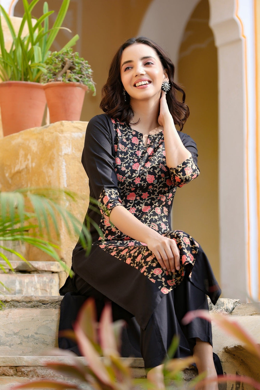 Black & Pink printed Kurta Set