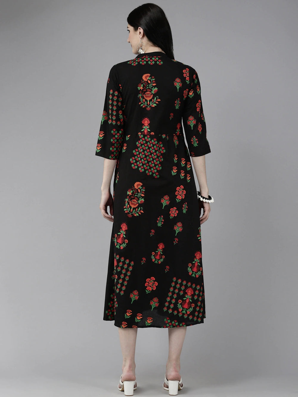 Black Printed A-Line Dress-Yufta Store-5501DRSBKS