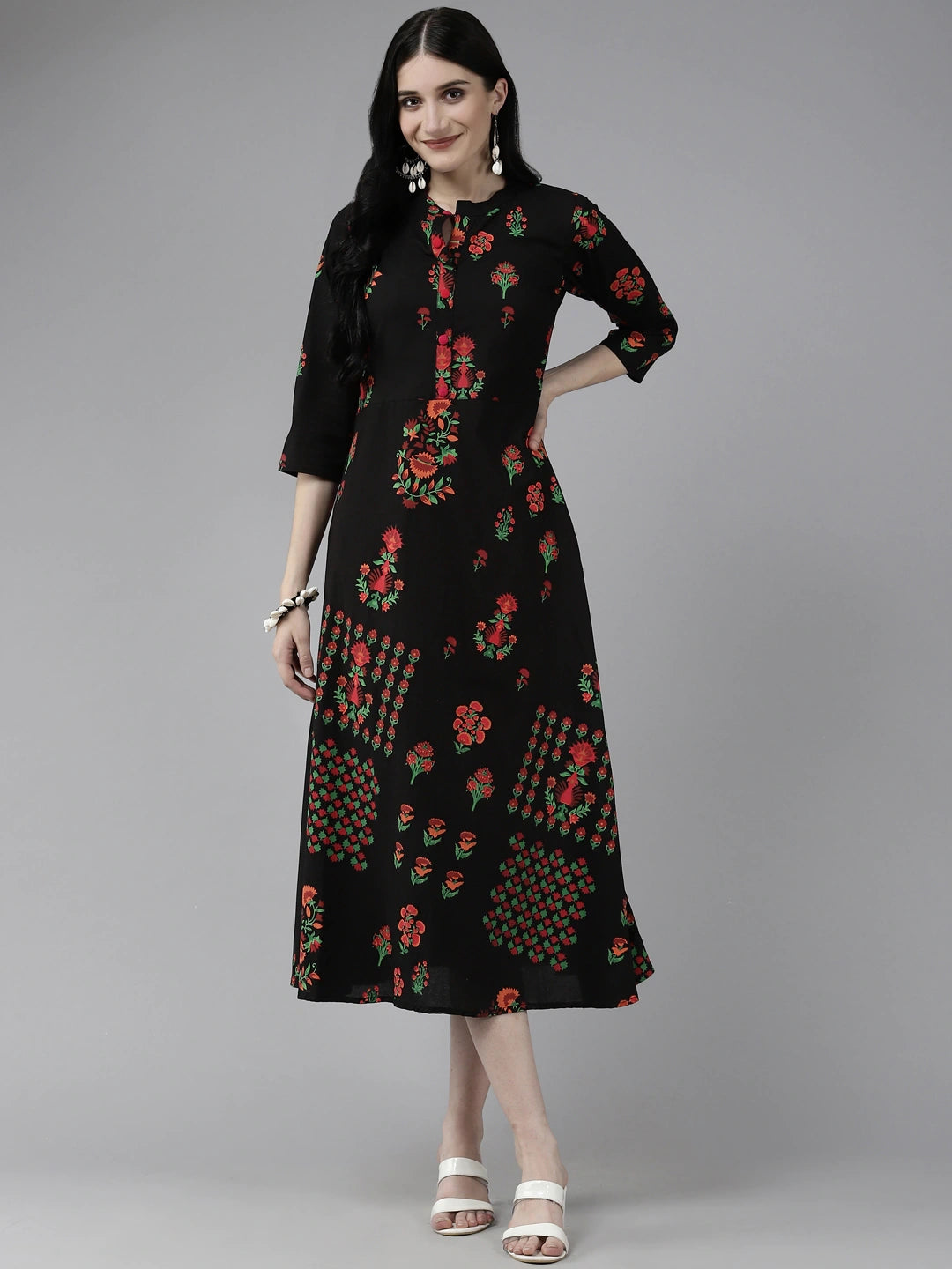 Black Printed A-Line Dress-Yufta Store-5501DRSBKS