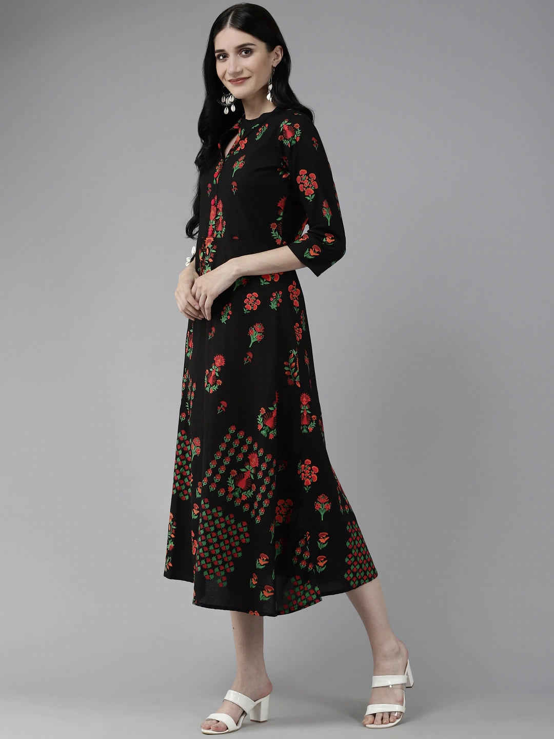 Black Printed A-Line Dress-Yufta Store-5501DRSBKS