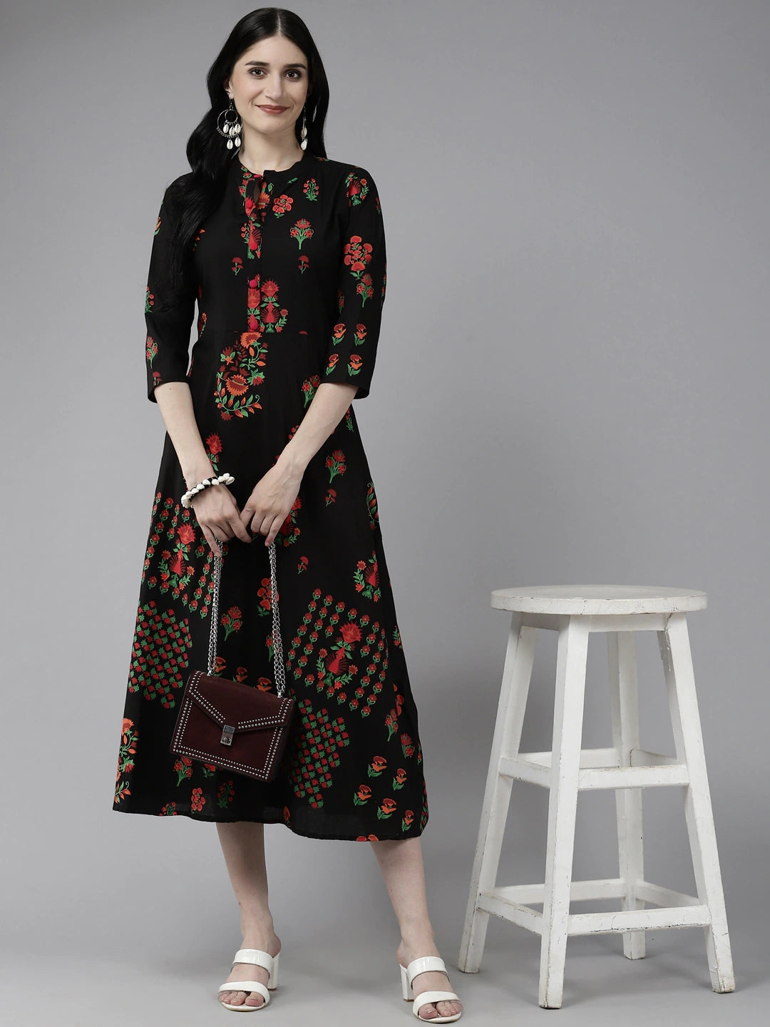 Black Printed A-Line Dress-Yufta Store-5501DRSBKS