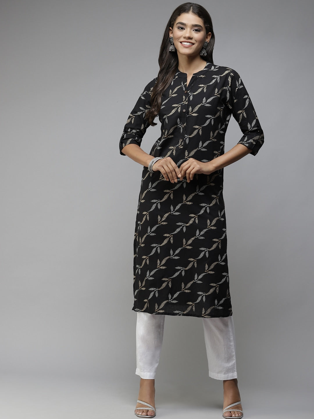 Black Printed Cotton Kurta-Yufta Store-5707KURBKM