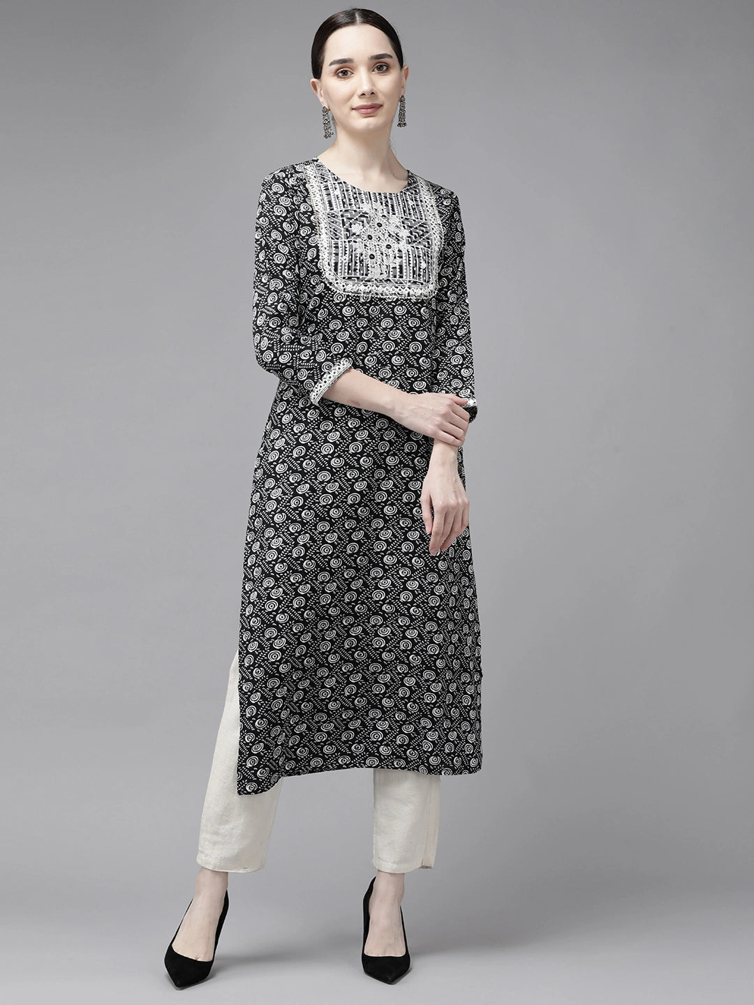 Black Printed Mirror Work Kurta-Yufta Store-9742KURBKS