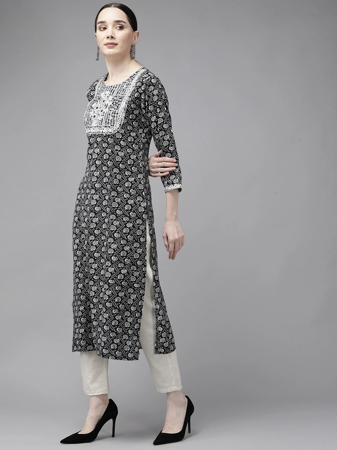 Black Printed Mirror Work Kurta-Yufta Store-9742KURBKS