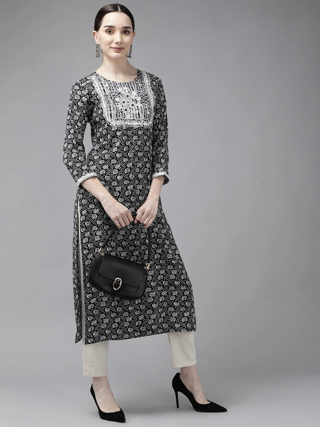 Black Printed Mirror Work Kurta-Yufta Store-9742KURBKS